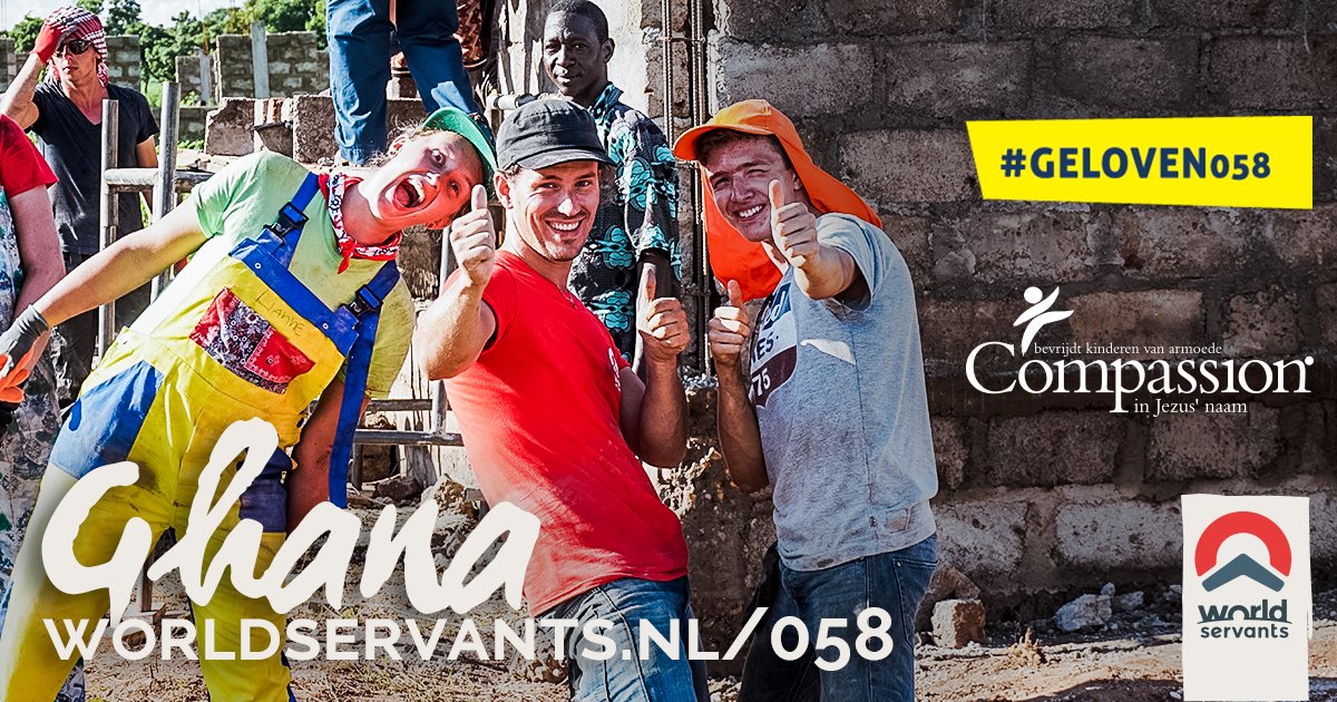 Da's mooi! Onder aanvoering van <a href="/geloven058/">Geloven058</a> slaan <a href="/worldservants/">World Servants</a> en <a href="/Compassion_NL/">Compassion Nederland</a> de handen ineen om te bouwen aan verandering in Ghana. Wie gaat er mee in de zomer van 2019? Check worldservants.nl/058 of kom zondag naar @DeWijngaard