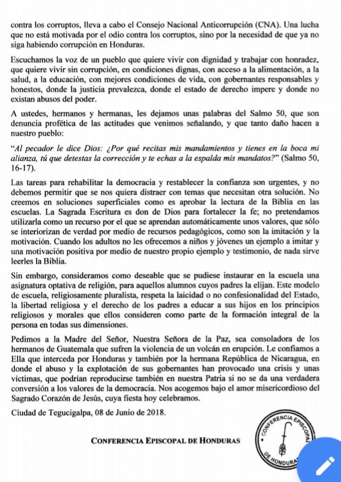 ¡BOMBAZO! Comunicado de la #ConferenciaEpiscopal resalta que es urgente que el pueblo hondureño sea escuchado a través de una consulta y llama a defender a la <a href="/OEA_MACCIH/">MACCIH</a>, @UFECIC1, <a href="/cnahonduras/">CNA Honduras</a> en la lucha contra los corruptos y la corrupción.