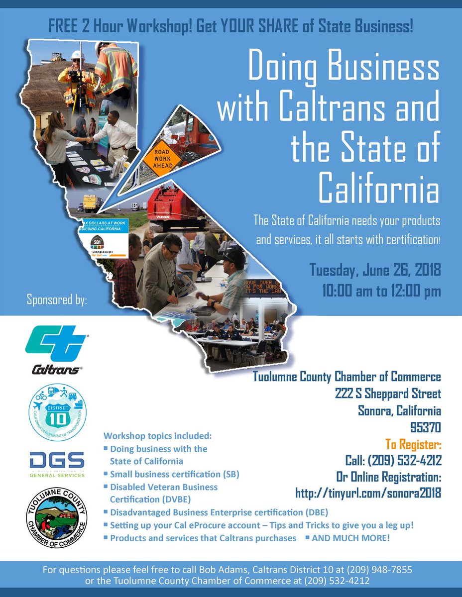 Sheala_W's tweet photo. Doing business with the state of Ca and Caltrans. Free 2 hour workshop. Presented by the Tuolumne County Chamber of Commerce https://t.co/pUab7IN6f2