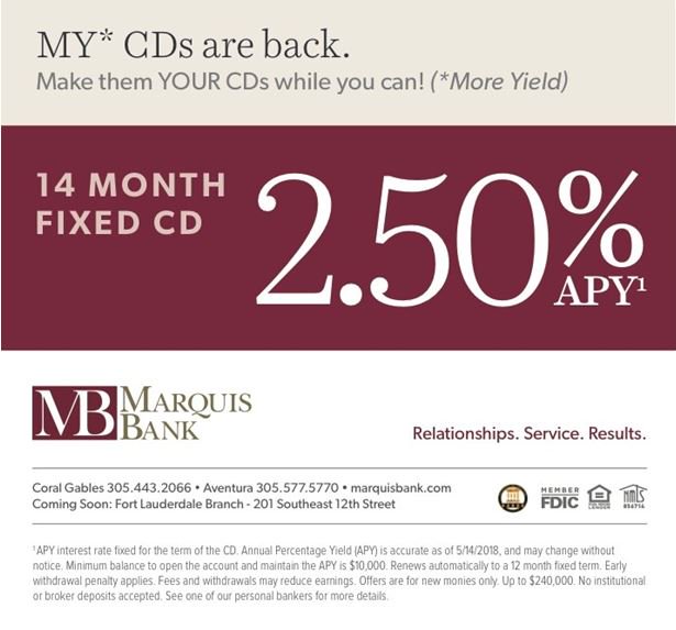 AMC (@aventuracouncil) on Twitter photo MY* CDs are back. Make them YOUR CDs while you can!
See below flyer for more info, visit marquisbank.com or contact jhenfield@marquisbank.com MY* CDs are back. Make them YOUR CDs while you can!
See below flyer for more info, visit marquisbank.com or contact jhenfield@marquisbank.com