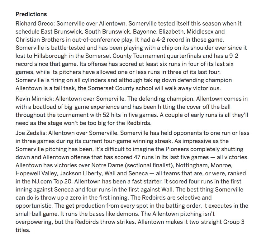 Kyle Franey (@ktfraney) on Twitter photo Game overview for <a href="/NJSIAA/">NJSIAA</a> Group 3 - <a href="/villebaseballnj/">Somerville Baseball</a> and Allentown. Also the predictions from a few sportswriters. I always liked <a href="/Richard_V_Greco/">Richard Greco</a> better anyway. And he has properly picked us all along. Keep riding that horse sir! s.nj.com/al01Tpi Game overview for <a href="/NJSIAA/">NJSIAA</a> Group 3 - <a href="/villebaseballnj/">Somerville Baseball</a> and Allentown. Also the predictions from a few sportswriters. I always liked <a href="/Richard_V_Greco/">Richard Greco</a> better anyway. And he has properly picked us all along. Keep riding that horse sir! s.nj.com/al01Tpi