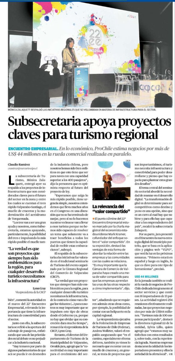 CRCPValpo's tweet photo. [Prensa] Subsecretaria @monicazalaquett apoya proyectos claves para turismo regional en #22ee, mientras que el punto cúlmine estuvo marcado por la charla de Mark Kramer @mercuriovalpo https://t.co/C2xbNgDtzQ https://t.co/gcEBCyVipM