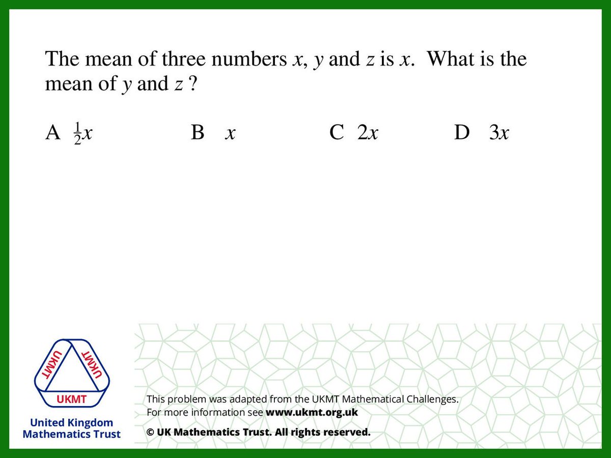UKMathsTrust's tweet photo. Here is your #UKMTProblem for this week! What is the mean of y and z? https://t.co/ztAztdU90T