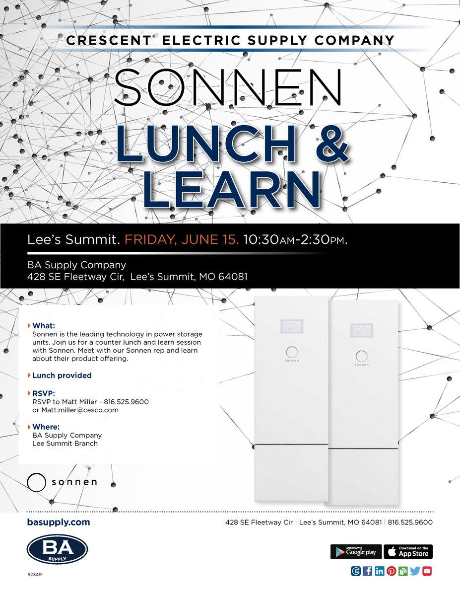 BASupply's tweet photo. Join us for a @SonnenUSA. Lunch &amp; Learn at our #LeesSummit branch next Friday! Sonnen is the leading technology in power storage units. Discover their innovative products while enjoying lunch on us! #EnergyStorage #Batteries https://t.co/y4P9V6DdHw