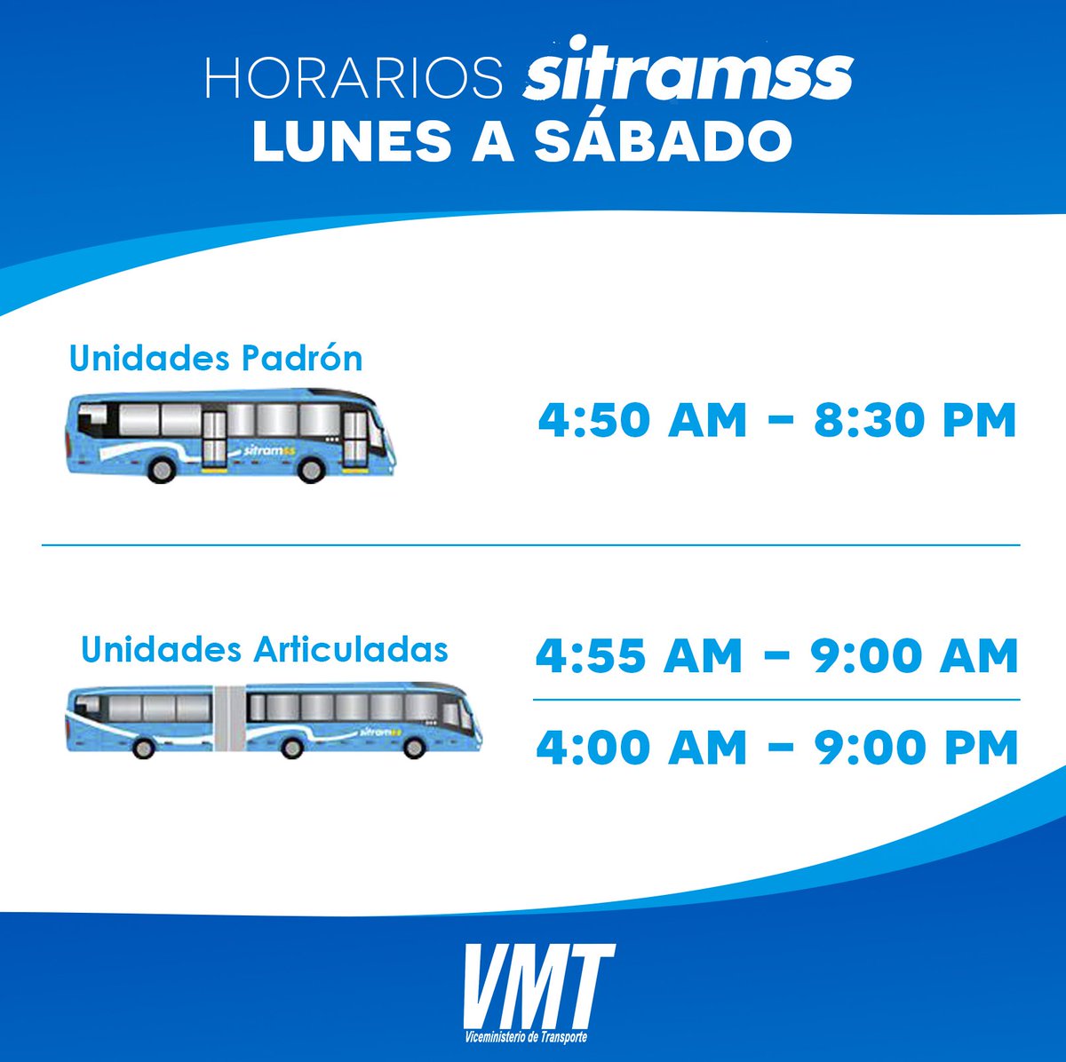SITRAMSSoficial's tweet photo. Compartimos el horario de servicio #Sitramss de lunes a sábado, recuerda que en el inicio de la hora pico (AM y PM) se atiende a los usuarios en unidades padrón y articuladas. https://t.co/A9D1Tc3cV8