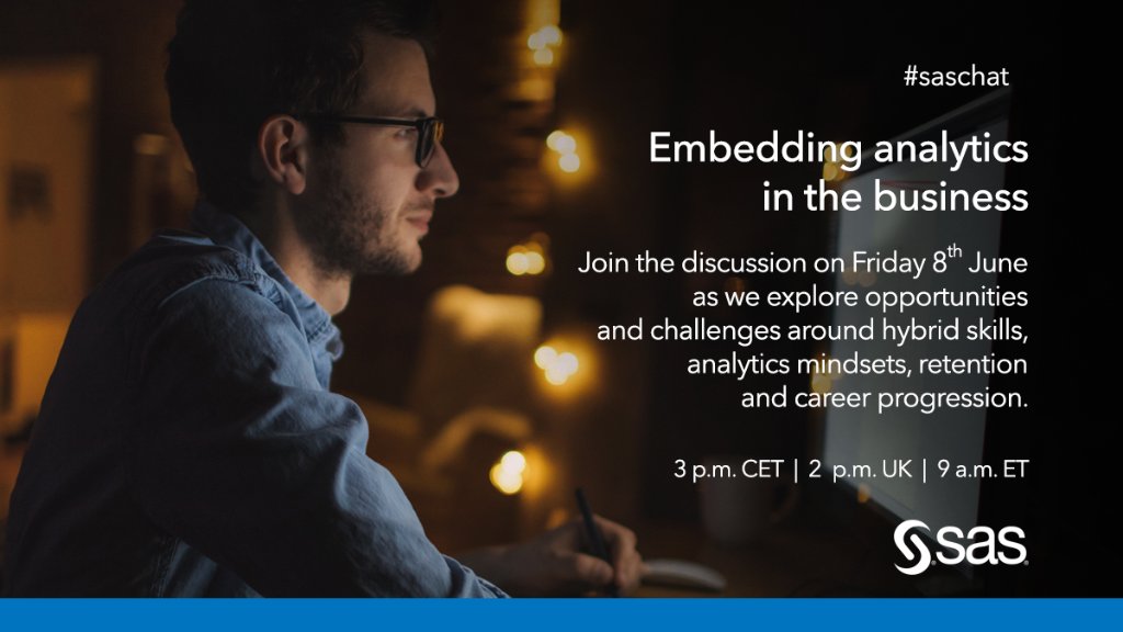 HomesAtMetacoda's tweet image. A chat about skills on TODAY! #SASBF18 MT @sassoftware: This week’s #SASchat is about modern skills in the #analytics economy and the roles of IT, business and #datascience. Join us on June 8 at 3 PM CET (9am ET, 2pm UK). Tune in with the hashtag #SASchat. 2.sas.com/6018Dien2