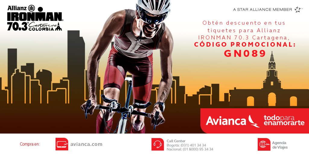 Viaja al Allianz IRONMAN 70.3 Cartagena con Avianca! Utiliza el código GN089 para acceder a un descuento en el valor del tiquete!

los descuentos varian de acuerdo a la Ciudad de origen del vuelo
Aplican Condiciones y Restricciones.