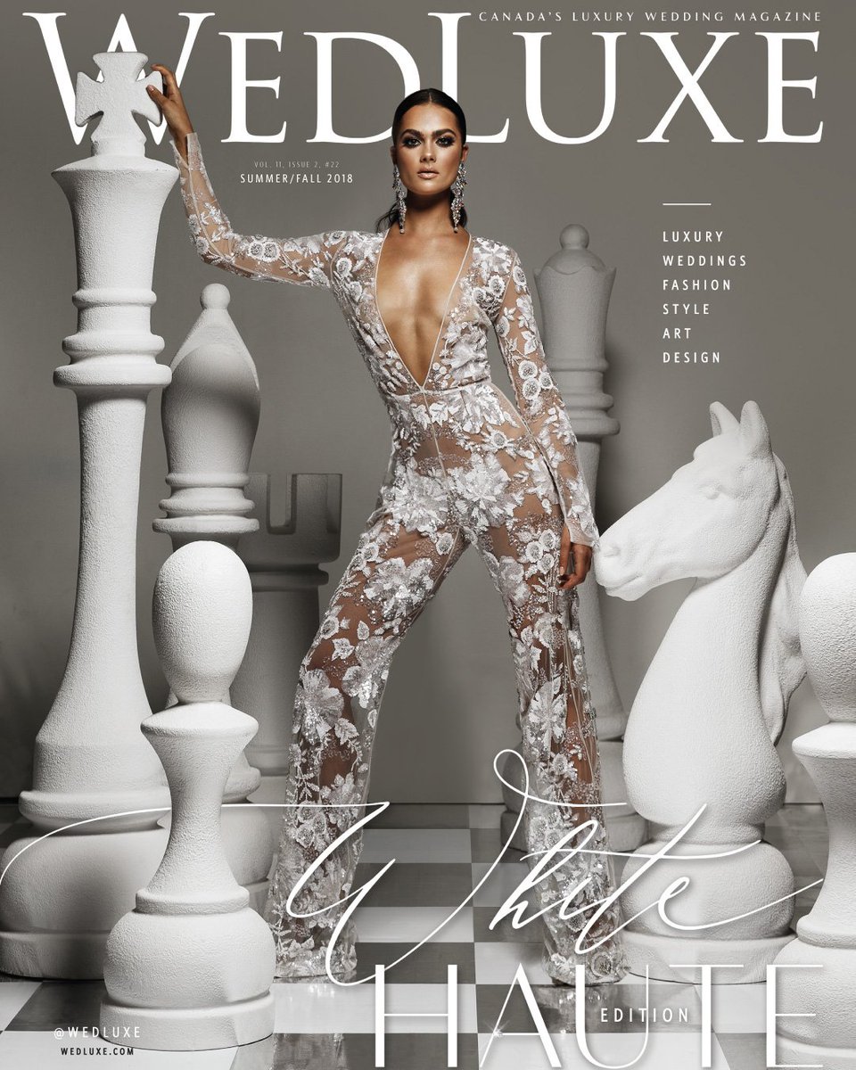 wedluxe's tweet photo. In case you thought #Friyay couldn’t get any better, we’re revealing the Summer/Fall 2018 cover of WedLuxe, the “𝓦𝓱𝓲𝓽𝓮 𝓗𝓪𝓾𝓽𝓮” Edition! Be sure to see the rest of our “Check Mate” editorial when the issue drops on July 3! https://t.co/sUfTQCFhae