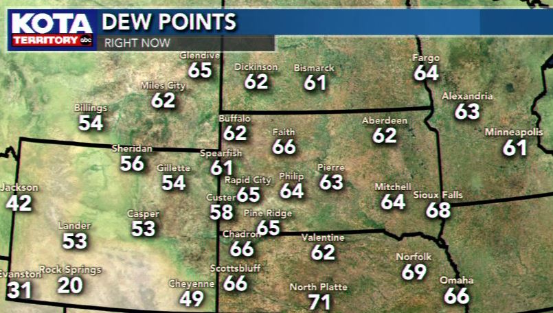 colleenhurleywx's tweet image. Feelin' a little muggy out there... Once the dew point hits 60° the heat index starts to kick in #kotaweather