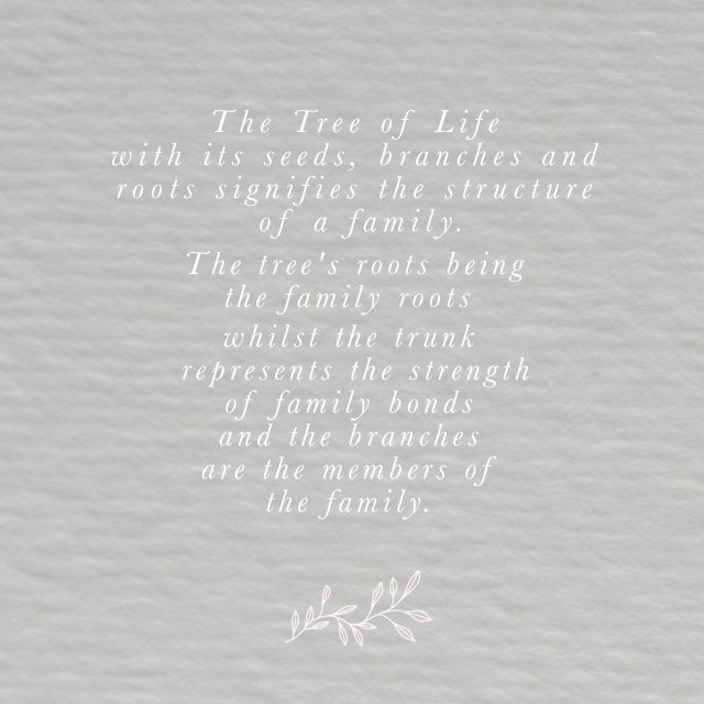 As a mythical symbol of immense and #enduringstrength the #TreeofLife with its seeds,branches and roots signifies the #structureofafamily.The tree's roots being the familyroots whilst the trunk represents the #strengthoffamily bonds and the branches are the members of the family.