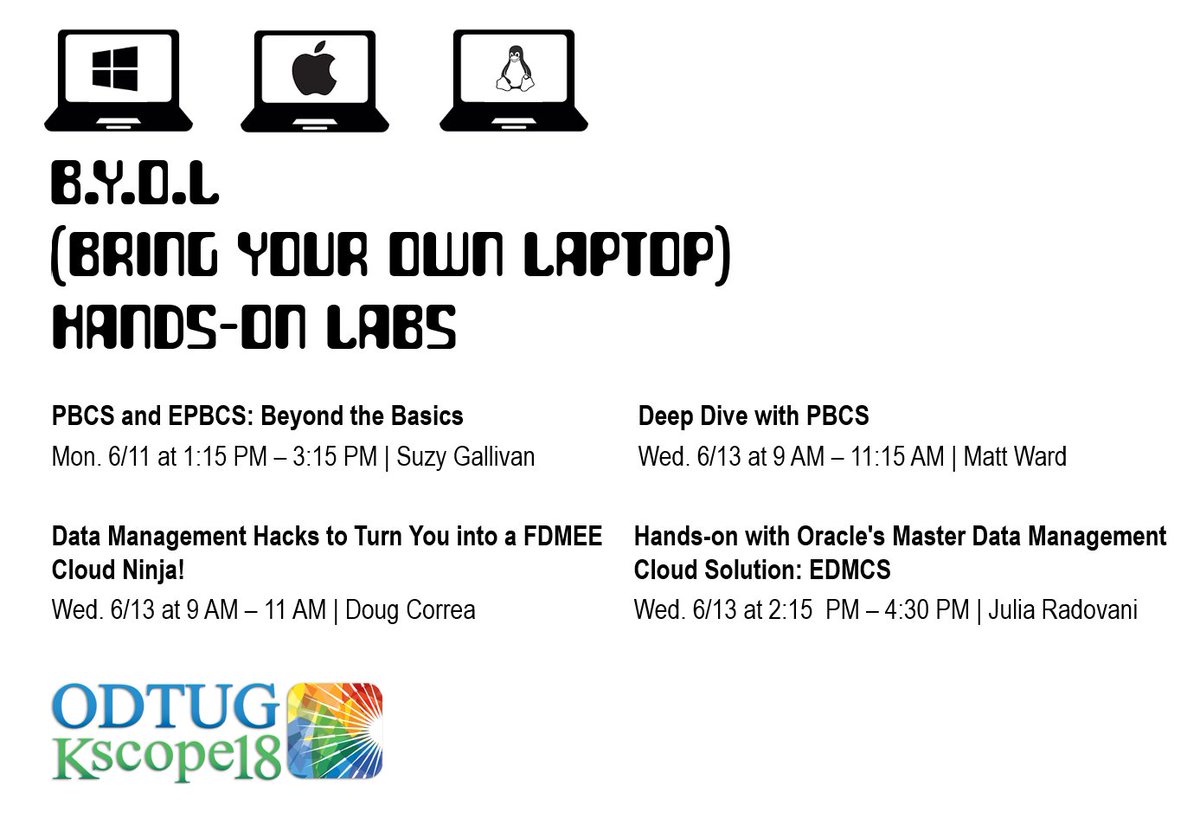 thinkfdm's tweet image. You're in luck! Oracle EPM Cloud ain't picky. All OS's are welcome. Bring Your Own Laptop and join Peloton Hands-on Training Sessions for #PBCS, #EPBCS, #FDMEE, and #EDMCS. #KScope18 #PelotonGroup #ODTUG #OrclEPM #EPMCloud #DataManagement #FCCS