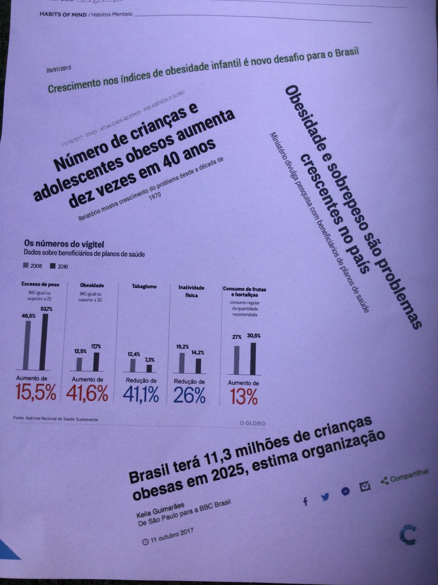 MuriloBorduqui's tweet photo. Grade 5 is reflecting about child overweight and obesity. “Why obesity has become an epidemic?”
#escolaconcept #visiblethinking #reflection #ThinkPairShare https://t.co/xeJ54hebsV