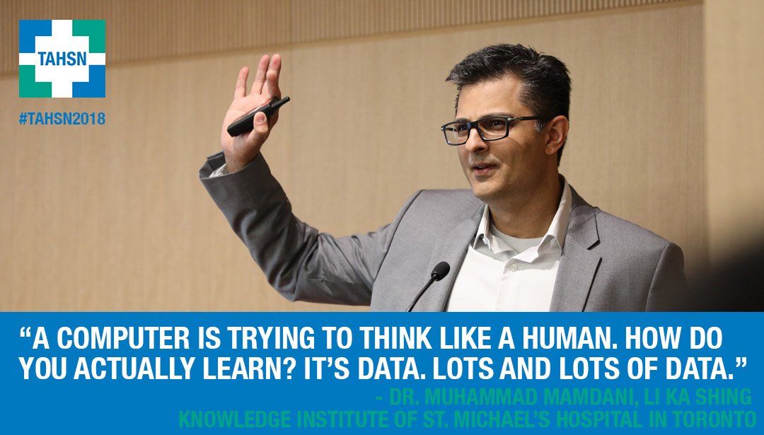 TAHSN_CommsDay's tweet photo. Dr. Muhammad Mamdani from @StMikesHospital talks about ways to incorporate artificial intelligence into healthcare #TAHSN2018

On #ai and #healthcare: "I don't think there are many places better positioned than #Toronto." https://t.co/131beriStU