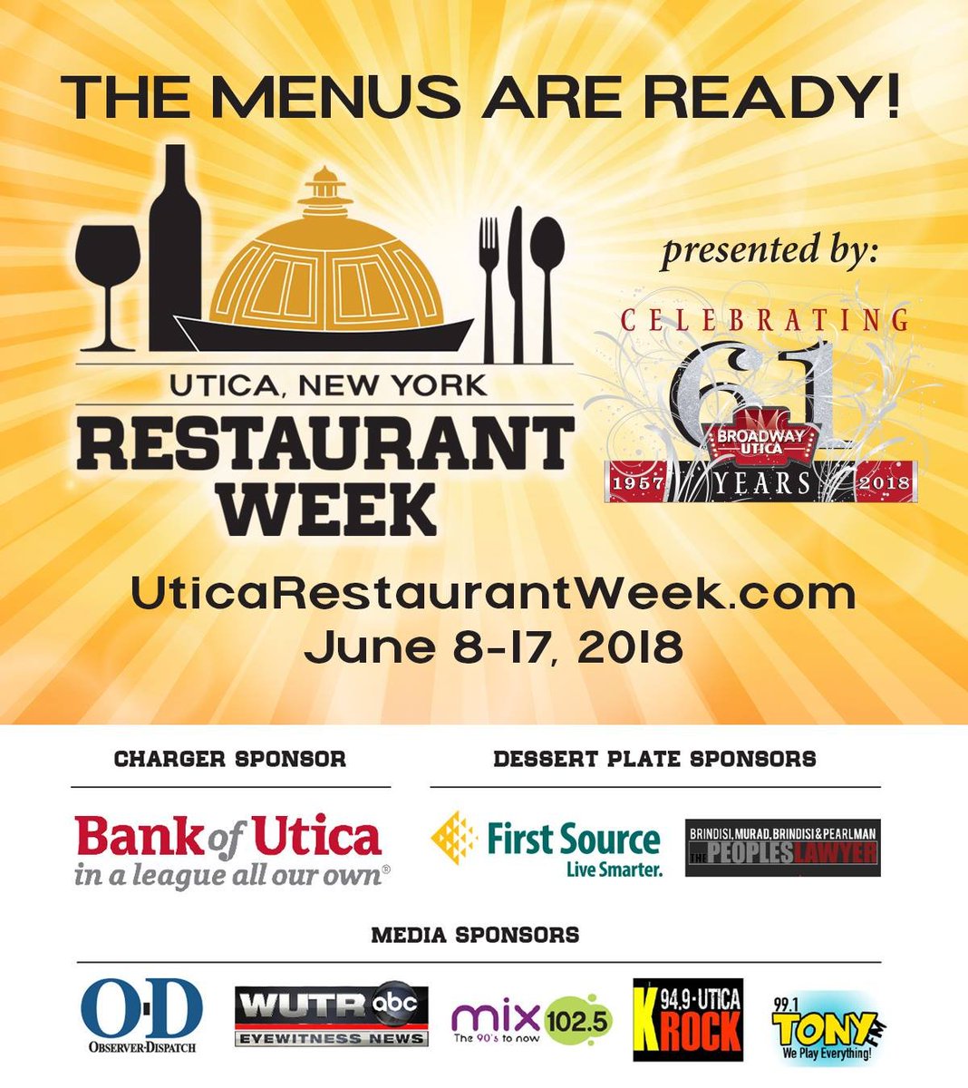 MayorPalmieri's tweet photo. Utica Restaurant Week begins today with over 40 restaurants participating this year. Bring your friends & family to sample the best food in the world! More info at https://t.co/mXM0z3l8a0 #UticaNY #eatlocal #uticarestaurantweek #BankofUtica https://t.co/UxFVZ1Pemq