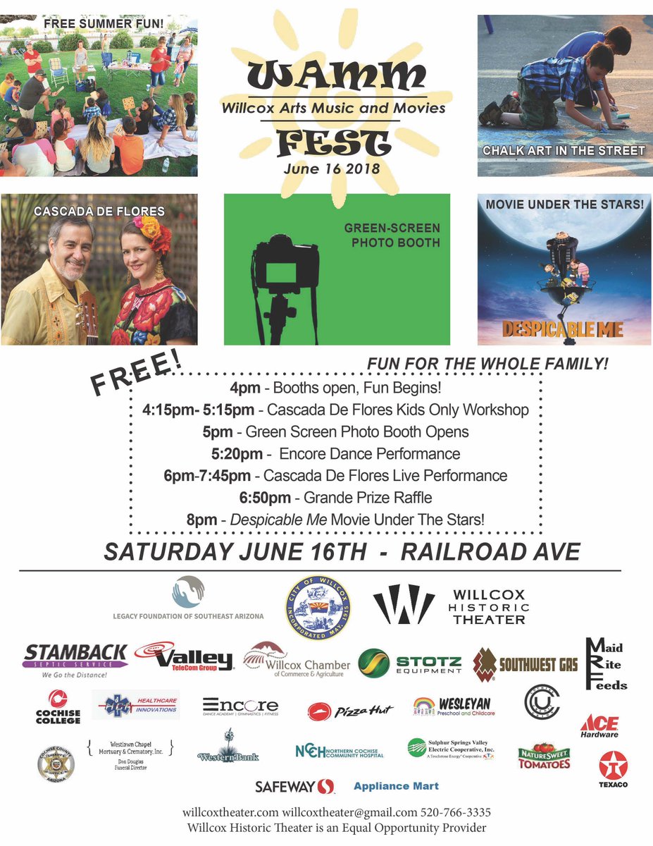 Valley_TeleCom's tweet photo. Sat, 6/16 we will be at Railroad Park in #Willcox for WAMM Fest! The Willcox Historic Theater has a great community event planned &amp; we will have our large screen there to show Despicable Me with goodies for the kids! See you next Saturday for this fun family event! #WAMMFest https://t.co/hf9rKOx9uu
