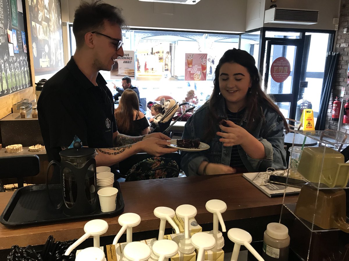 SBuxChester's tweet photo. Coffee Master Jamie sampling Single Origin Rwanda with our NEW Vegan Raspberry Chocolate Cake #emeacoffeetasting #starbucks #chester @CH1Chester @StarbucksUK https://t.co/EDPSn2n2vN