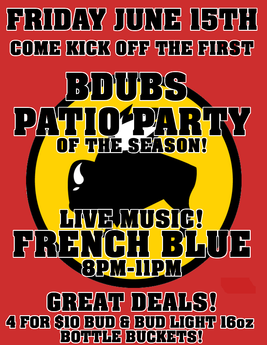 FrenchBlueMusic's tweet photo. Party on the Patio!! It's that time of year to sit under the sun and enjoy some cold ones! Come check out the newly renovated patio and sing some tunes with us! Buffalo Wild Wings in Niles 6/15/18! https://t.co/kxV4F4hi8k
