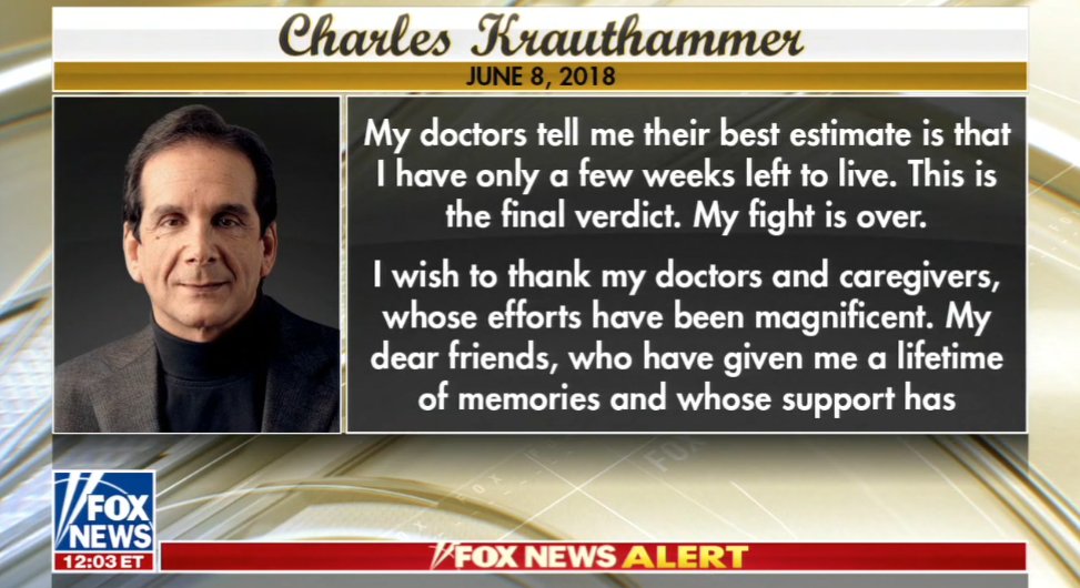 Leftists celebrate as Charles Krauthammer has just weeks to live ‏