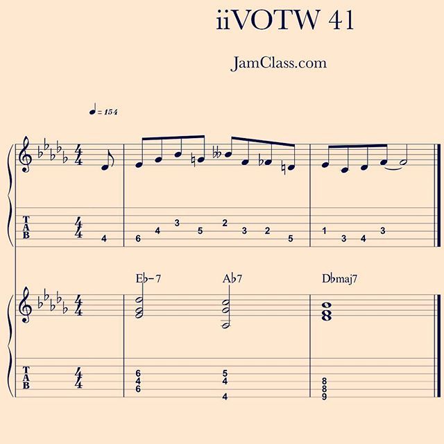JamClass's tweet image. Guitar tab for jazz ii-V of the week 41. Check the spelling. Wacky. #jazzguitar #guitarlessons #jamclass #iivotw ift.tt/2JEdobR