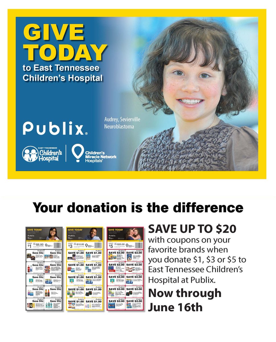 dollychildrens's tweet photo. East Tennessee Children's Hospital is partnering with local @Publix stores to give our supporters the opportunity to donate to the hospital and receive great coupons. Click on the graphic below for details. Thanks, Publix! Offer runs through Saturday, June 16th. https://t.co/ayIxgnAsSz