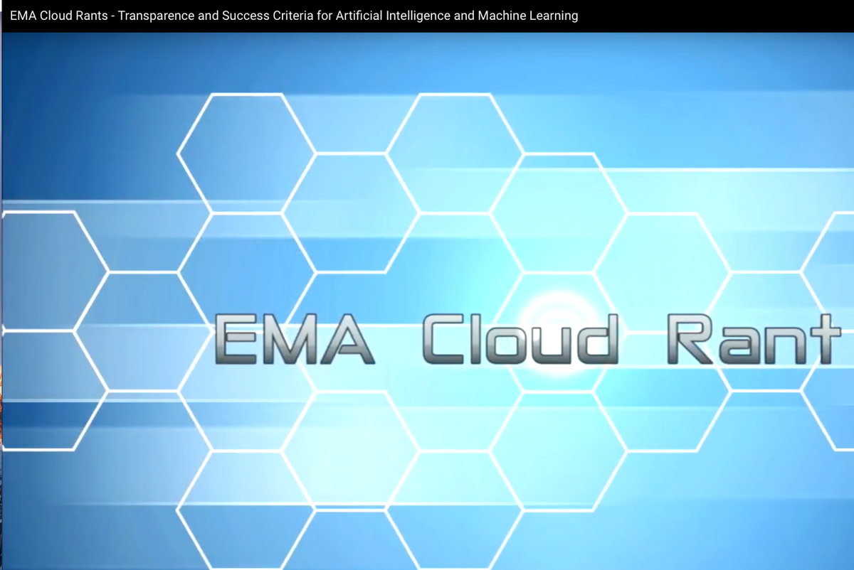 TorstenVolk's tweet image. 90 Second #EMA #AIRant with @AndiMann on success metrics and project transparency for artificial intelligence and machine learning. First question, should we use the #AI term or does that create unrealistic expectations? @ema_research #CloudRants youtu.be/Dt9inc0UnQU