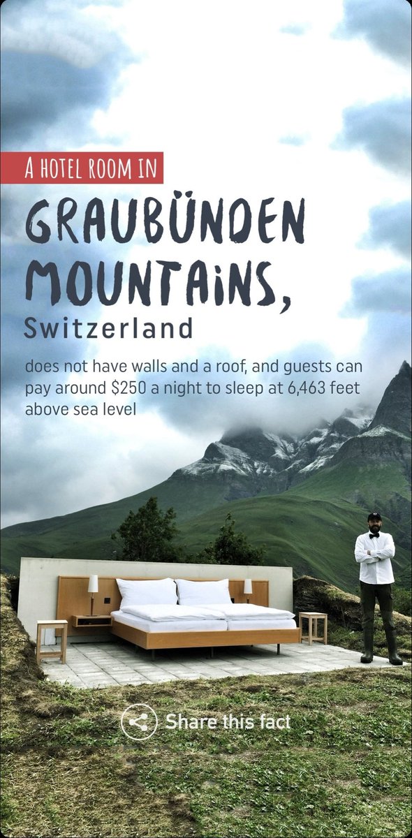 _PremYadav_'s tweet photo. A Hotel Room in #Graubunden Mountains, Switzerland doesn't have walls and a roof.
Guests need to around $250 a night to sleep at 6463 above sea level.
#ClickImage👇
#Fact https://t.co/N67JZh9Qb3