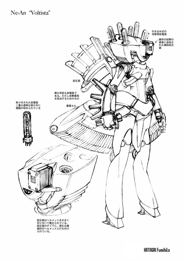 10年以上前に描いて日の目を見なかったスケッチを掘り返して蘇生を試みます。これは超能力アンドロイドのスケッチ。大災害を起こす外装を身につけます。