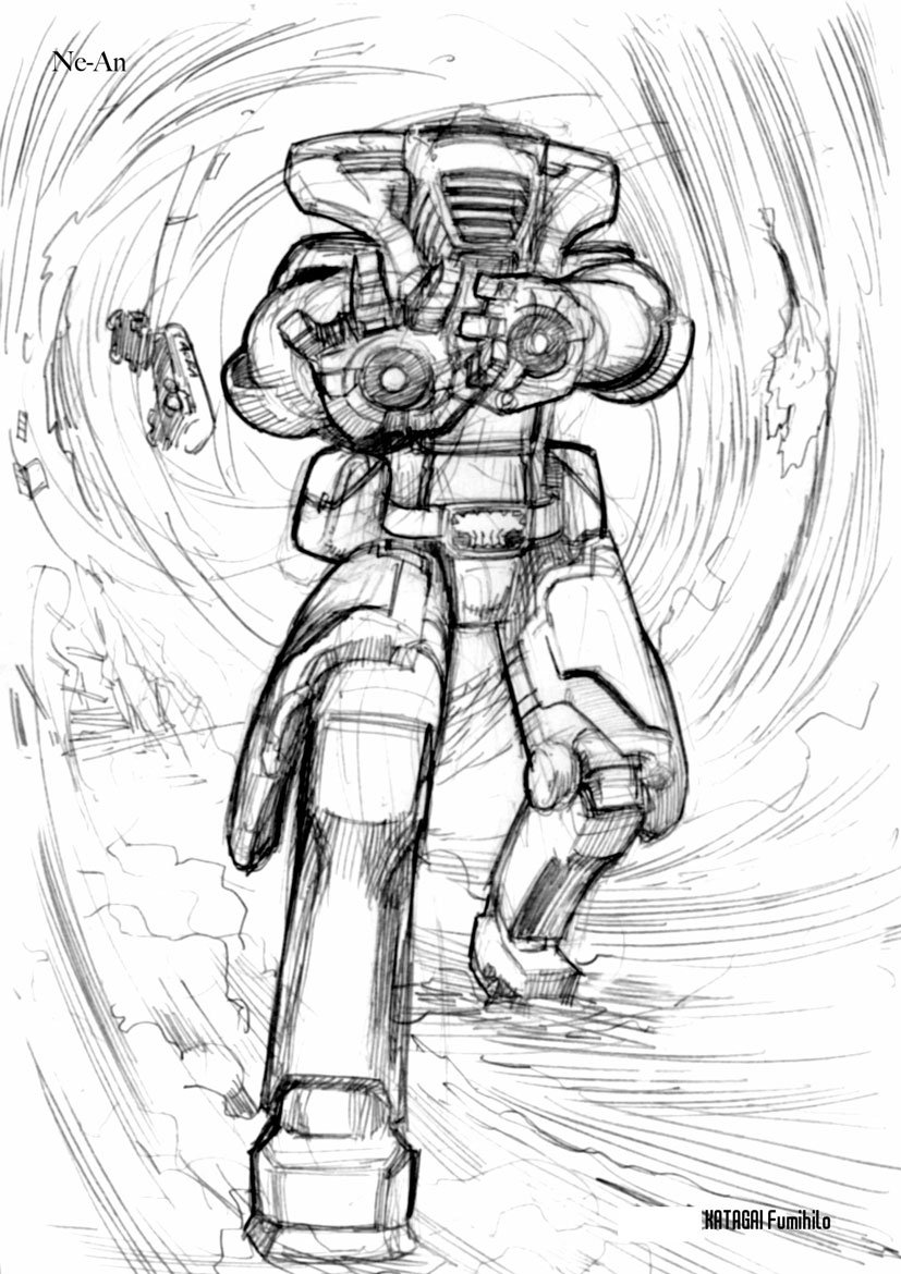 10年以上前に描いて日の目を見なかったスケッチを掘り返して蘇生を試みます。これは超能力アンドロイドのスケッチ。大災害を起こす外装を身につけます。
