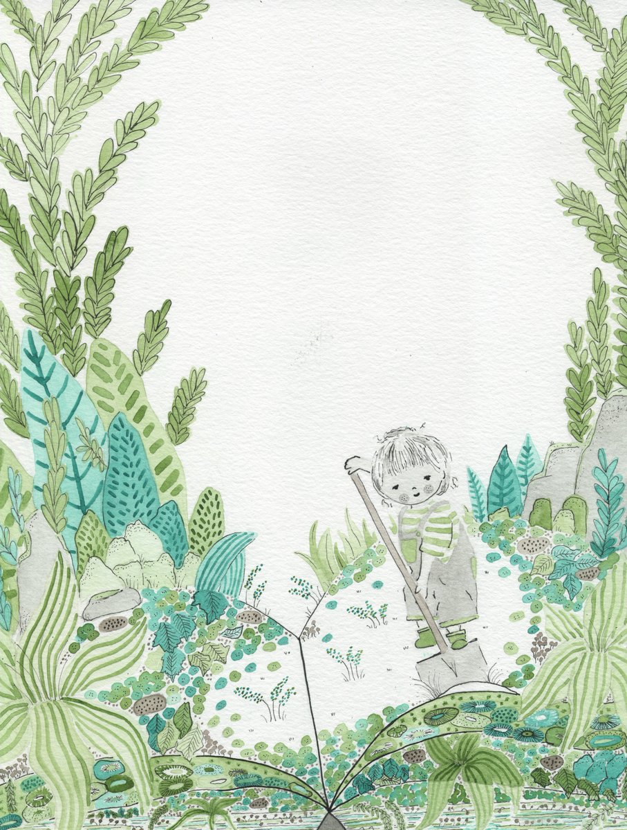 CortBenvenuto's tweet photo. Happy Friday #colour_collective Busy week so repost with a touch of #sepia #childrensbooks #picturebook #illustrator #traditionalart #kidlit #kidlitart #kwillustrator #IllustrationFriday #green #garden #plants #dig into a #book #cortneybenvenutoillustration https://t.co/AryWFS9Nec