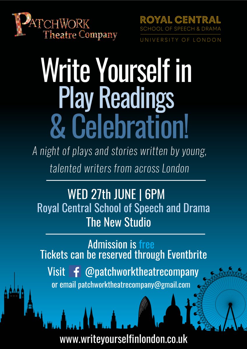 PatchworkCSSD's tweet photo. Join us for a night of celebration as we welcome the winning participants of Patchwork Theatre Company's 'Write Yourself In' playwriting competition to @CSSDLondon for a special event!

Tickets can be reserved here:
https://t.co/z167AsZTYn

#cssddate19 https://t.co/jikgrPJ34s