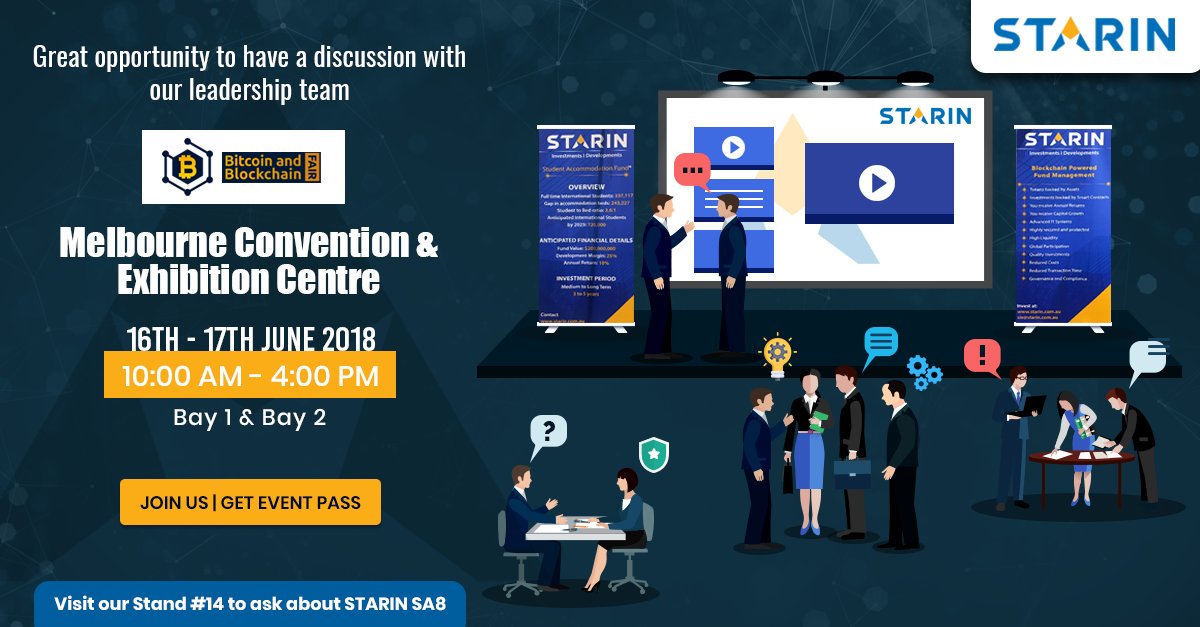 StarIn_ICO's tweet photo. Do you have any #Questions about STARIN's SA8 #token ?  "Bitcoin &amp;  Blockchain Fair - Forum Showcase" provides a great #opportunity to have a  #discussion with our leadership team. Visit our Stand #14 at "Melbourne  Convention &amp; Exhibition Centre" on 16-17th June 2018 https://t.co/nuO7UxXq4P