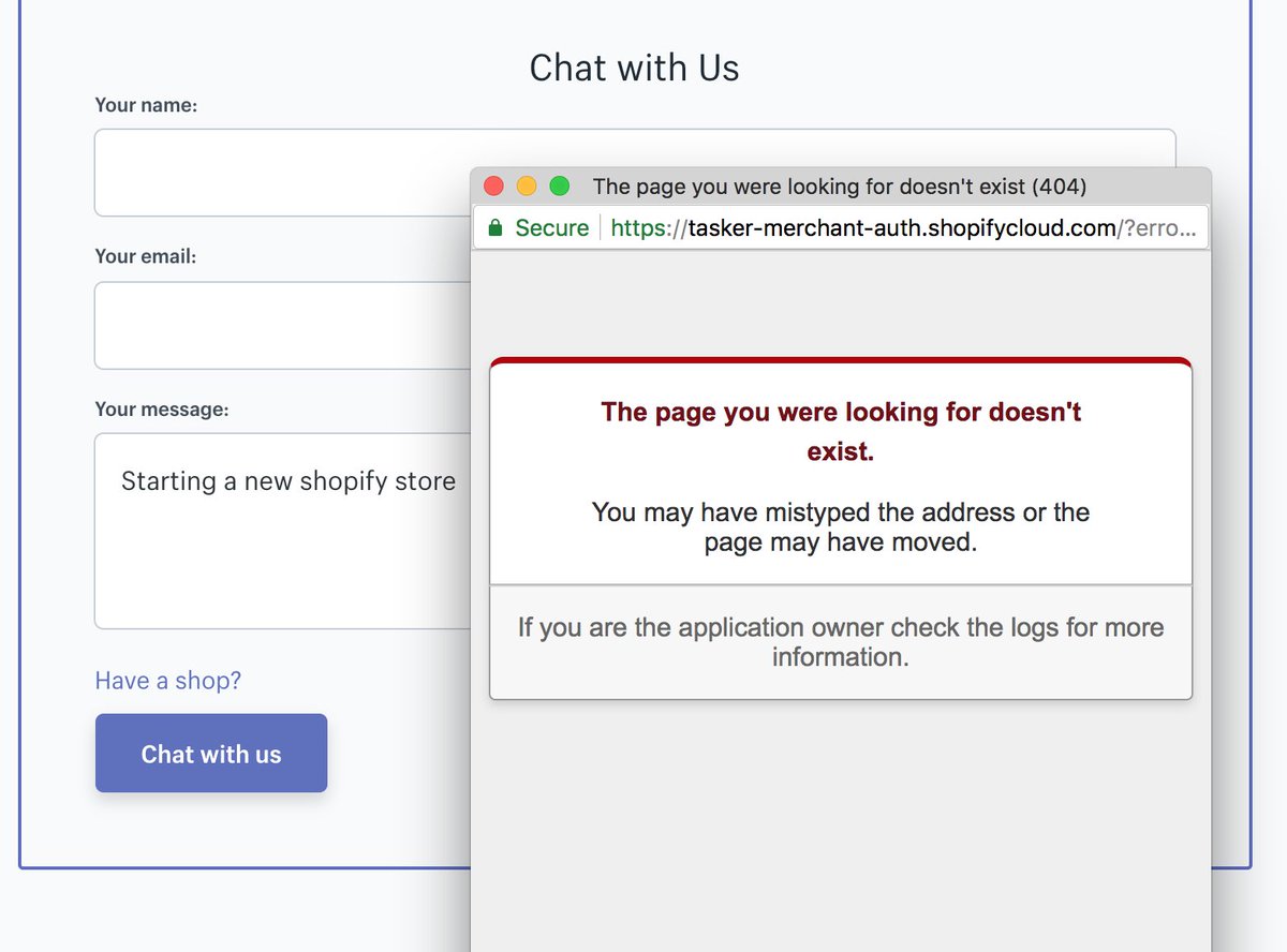 askfrancis's tweet photo. @tobi FYI 404 on support chat page when leaving store domain blank. /cc @ShopifySupport https://t.co/gg7RuNpTyx