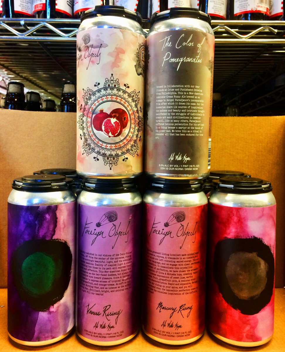 PremierBeer's tweet image. Three new IPA&apos;s from #ForeignObjects just arrived 💚💚💚! Venus Rising + Mercury Rising are similar, but include different hops. In collaboration with @CandPBrewingCo, Color of Pomegranates is described as a &quot;New 🇺🇸 Ambrosia-Cream Hoppy Ale&quot;... aka a DIPA 😂