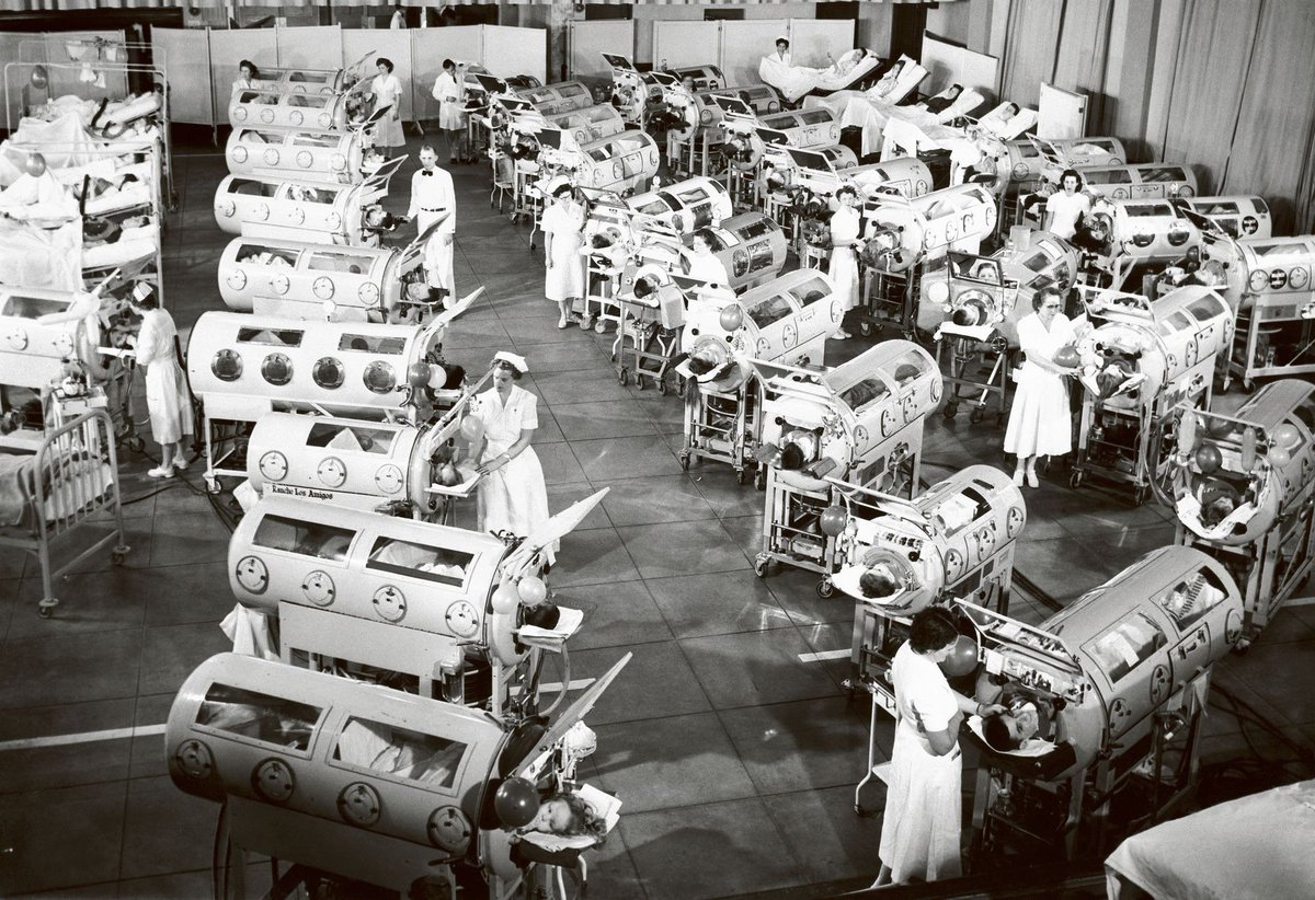 53. One more thing, this picture is what everyone thinks of when they think of polio. This was a publicity stunt arranged for Life Magazine. Most of these iron lungs were brand new and were headed around the country to other hospitals.