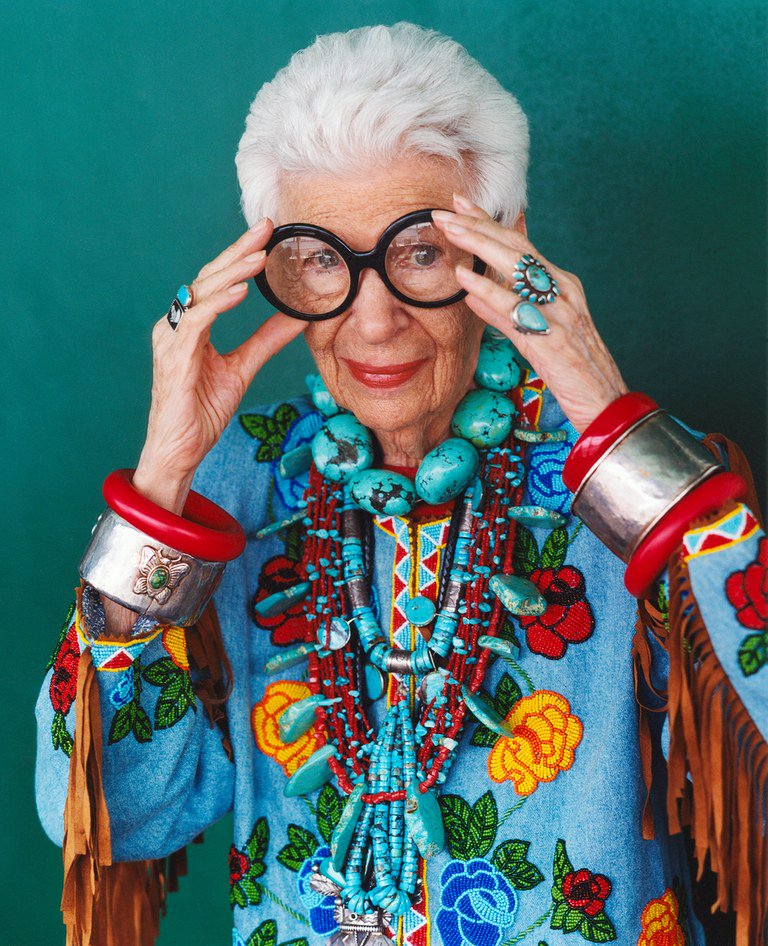 TuckerandMarks's tweet photo. The one and only: Iris Apfel, icon of chic, style and .... color! Photo by Bruce Weber for Vanity Fair https://t.co/sYgfyLUQdN