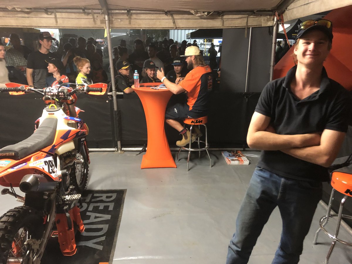 lockrey_tony's tweet photo. Our Toby in the #KTM tent with legend @tobyprice87 last night at #FinkeRace. Hours spent with fans, true ambassador👍 https://t.co/3G9h52XoqP