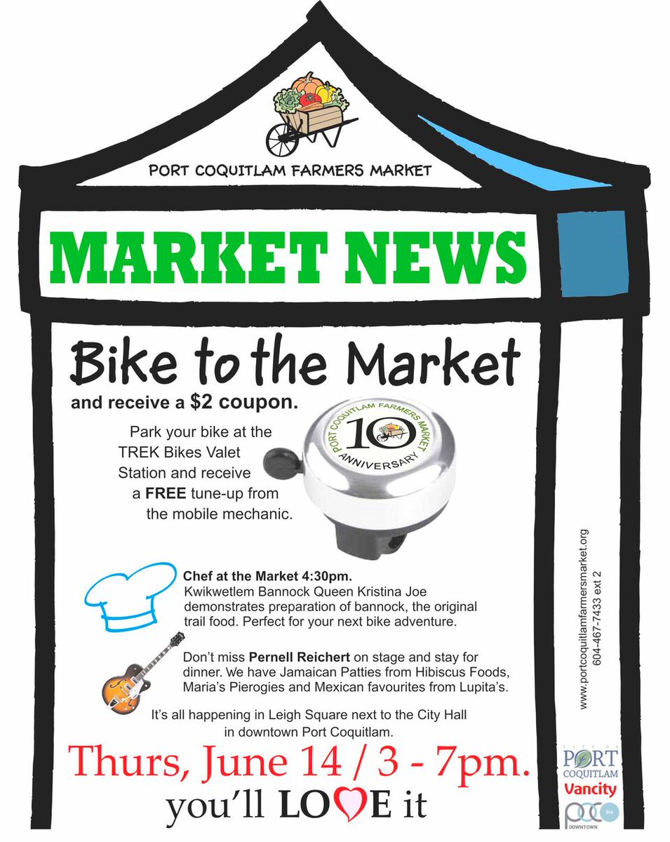 Bike to the Market &amp; receive a $2 market coupon! Park ur bike at TREK Bikes Valet Stn &amp; get a FREE tune-up from a mechanic. Chef at the Market is Kwikwetlem Bannock Queen, Kristina Joe doing a bannock demo. Parnell Reichert entertains. 
It's all happening in Leigh Square from 3-7