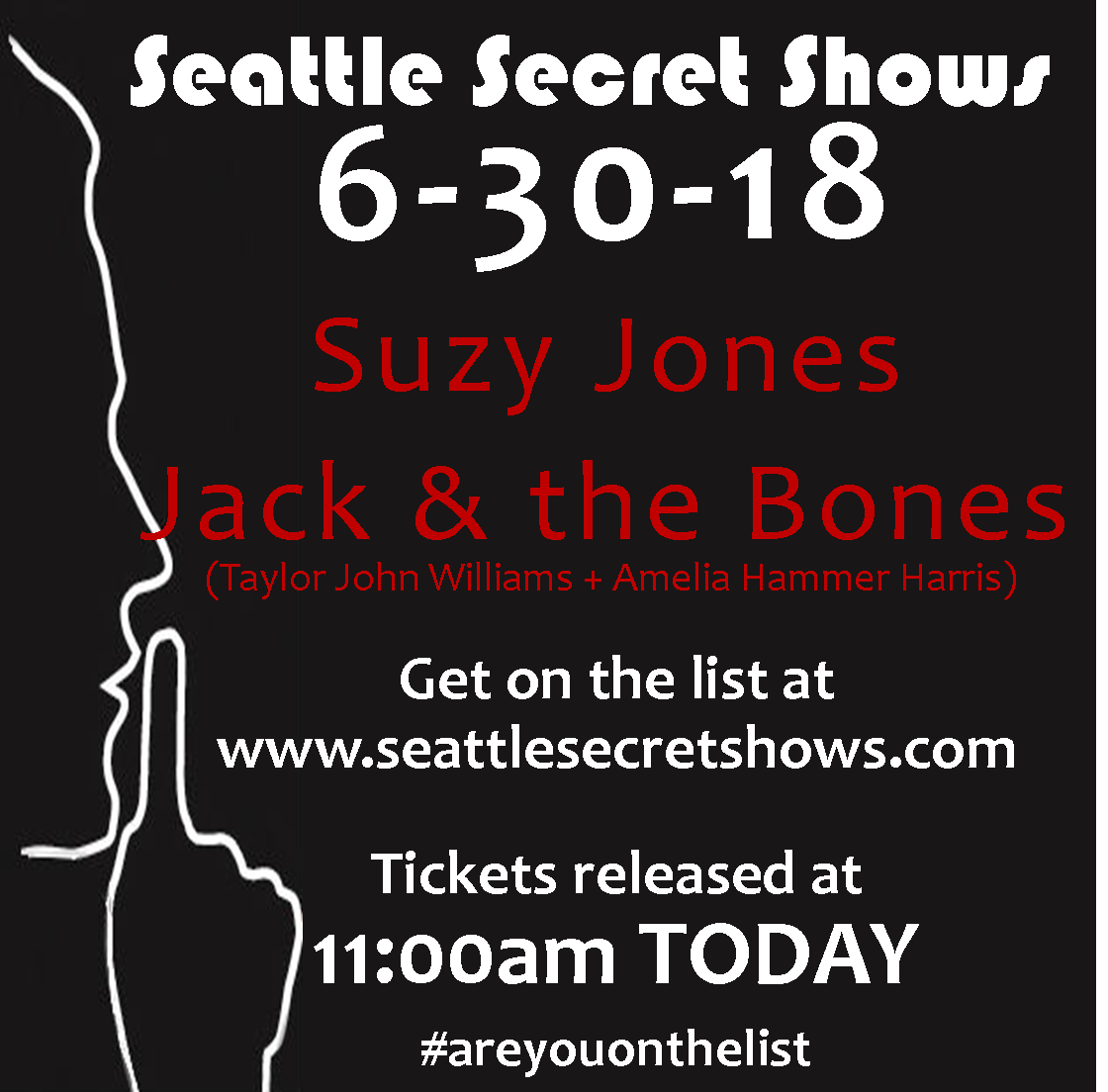 We're releasing tickets NOW for our next show on 6/30! Featuring soul powerhouse, <a href="/SuzyJonesMusic/">Suzy Jones</a> &amp; an incredible new duo, Jack &amp; the Bones (<a href="/MrTaylorJohn/">Violent John</a> &amp; <a href="/AmeliaHammer/">Amelia Hammer Harris</a>)! Check your emails or sign up on our list at seattlesecretshows.com to get your tickets!
#areyouonthelist