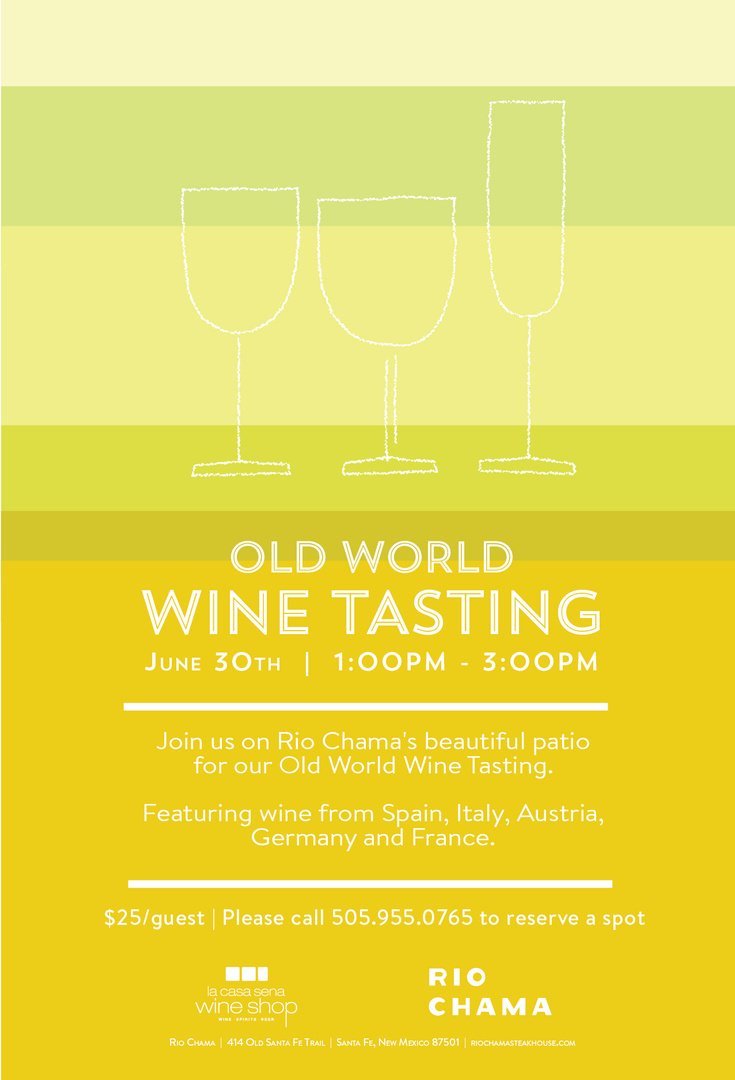RioChamaSF's tweet photo. Join us on our beautiful patio for our Old World Wine Tasting! Call us at 505.955.0765 to reserve your spot. 

#howtosantafe #santafe #newmexico 
#santafedining #LaCasaSenaWineShop
#yeswayRosé #wineclub #winetasting #riochama #summerwinetasting https://t.co/gnZS6R2SnX