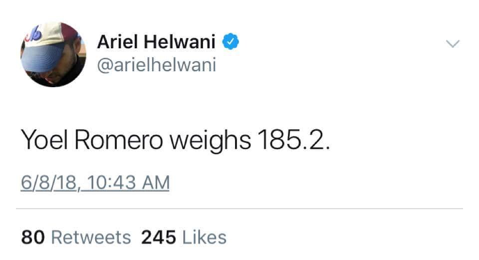 DutchFightNet's tweet photo. Yoel Romero UFC misses weight the second time by 0.2 lbs and is not eligible to win the title. There are 2 options... whether the fight will happen or not. If it does, it will be a NON title fight. Thoughts 👇

#Romero #UFC #MMA #Whittaker #NonTitleFight https://t.co/EvbeGLylMI