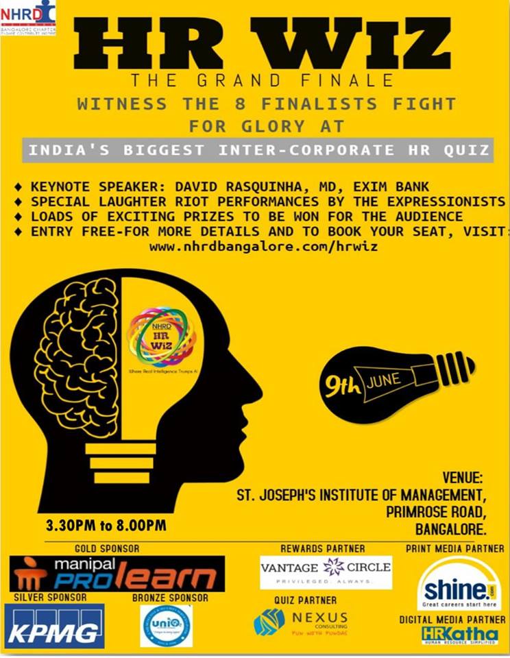 nhrdbangalore's tweet photo. Less than 24 hours left for HR Wiz Grand Finale. Are u set to for the Battle of Top 8 teams being quizzed by CHROs. Hoping to see you at the event! @kshankar21  @philipanish2000  @mitchdudani @nikita1906 @neville_kujur @chaini_grover @RogerLurshay @dasakasrinidhi  @siddharth1389 https://t.co/GEOOqnrXZS