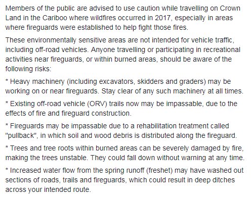 BCGovFireInfo's tweet image. Members of the public are advised to use caution while travelling on Crown Land in the #Cariboo where wildfires occurred in 2017, especially in areas where fireguards were established to help fight those fires. More info: news.gov.bc.ca/releases/2018F… #BCwildfire