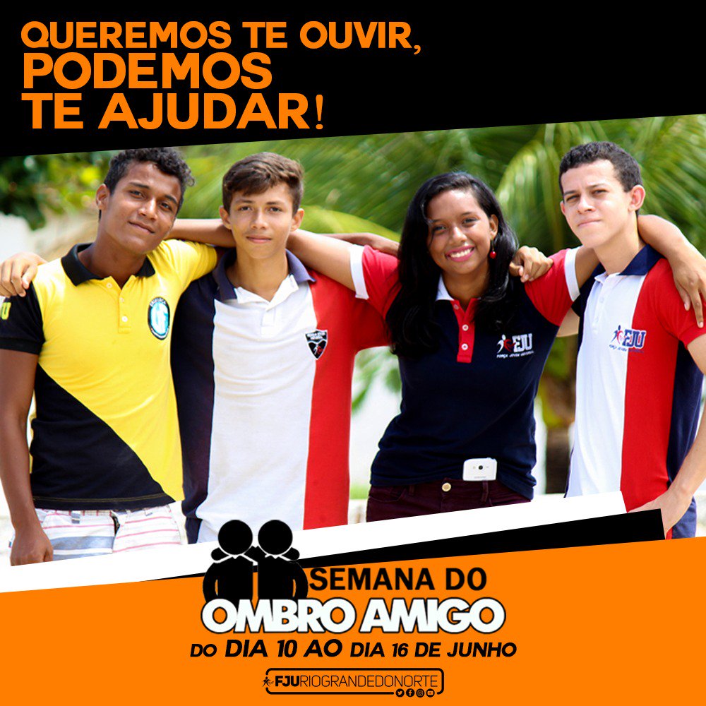 fjurn_oficial's tweet photo. Nós do FJU estamos prontos para te ouvir e te ajudar. Não te julgados, nós te ajudamos!  

Semana do "Ombro Amigo", do dia 10 ao dia 16 de junho. Vem pro FJU!
#FJURN https://t.co/L1kaY6nu8m