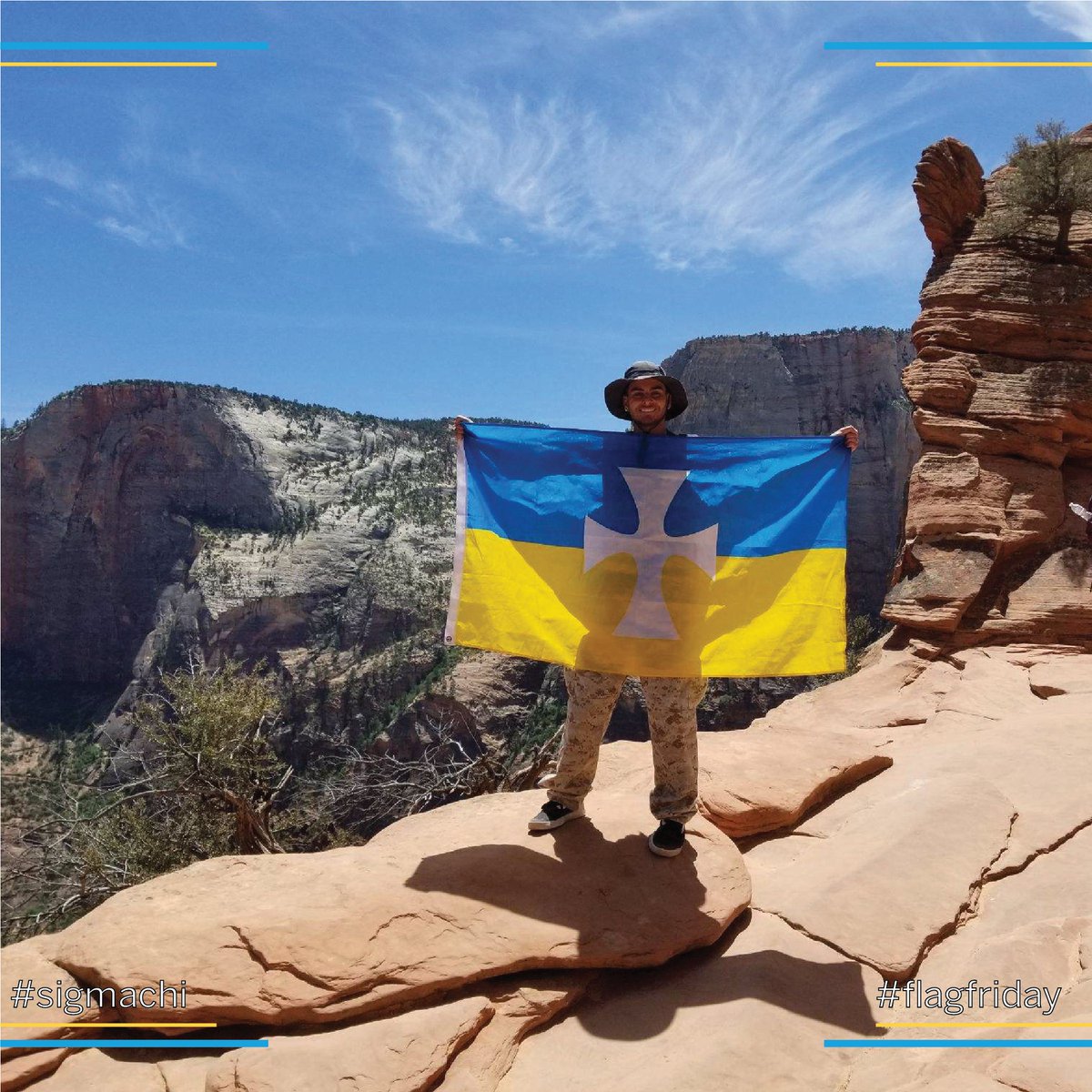 SigmaChi's tweet photo. Happy #flagfriday! Atop the red rocks of Zion National Park in southwest, Utah is this week’s $25 to Campus Classics Flag Friday winner Mathew Quintero, CAL. STATE-NORTHRIDGE 2020, on May 31, 2018. Submit your #sigmachi content by direct messaging us or by using #flagfriday! https://t.co/lNEpXjiPRB