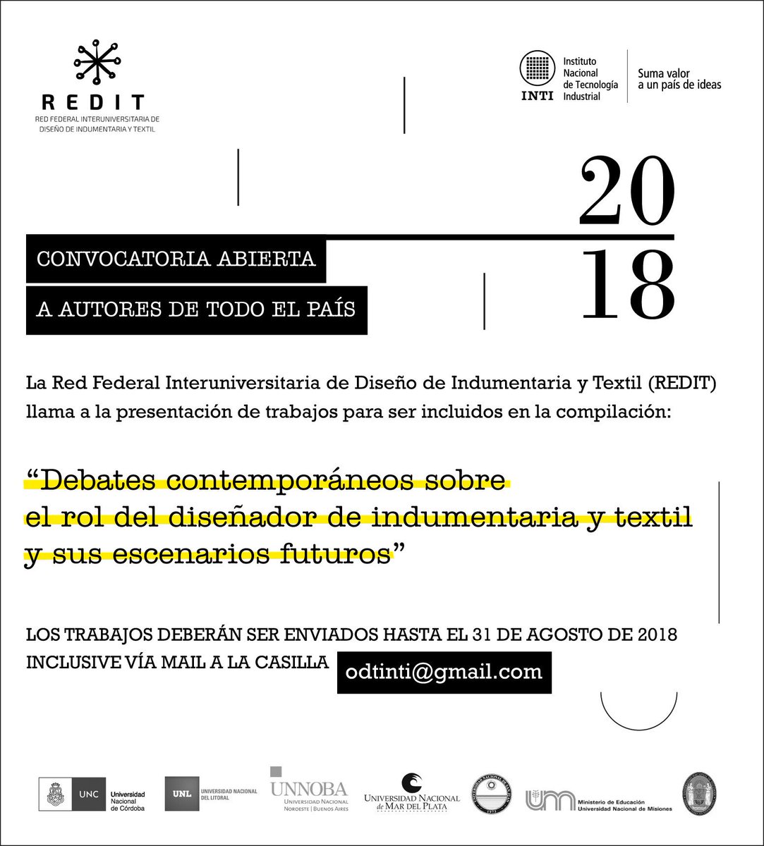 OdtINTI's tweet photo. Convocatoria abierta para autores de todo el país para integrar la compilación “Debates contemporáneos sobre el rol del diseñador de indumentaria y textil y sus escenarios futuros.” Iniciativa de la Red Federal Interuniversitaria de Diseño de Indumentaria y Textil #REDIT https://t.co/uvyJaRh89H