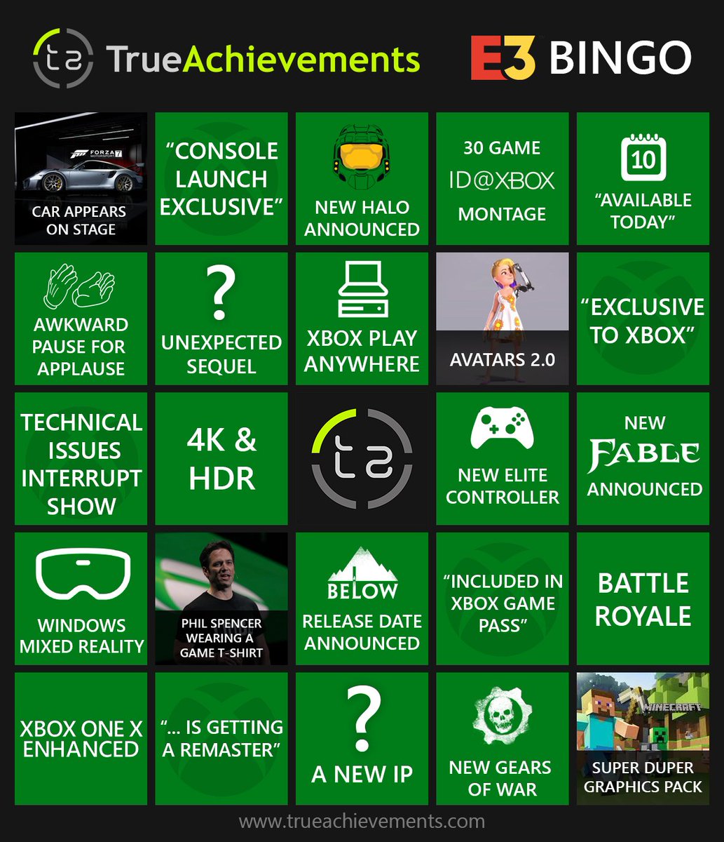 TrueAchievement's tweet photo. Our #E3 Bingo Card is Here!

Tune in to the #XboxE3 press conference on Sunday and see how many you can cross off. https://t.co/U3b6dLw9eT