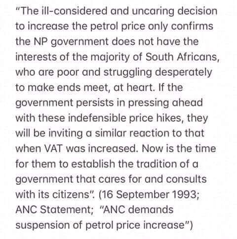 RefiloeNtsekhe's tweet photo. Dear ANC, do you remember what you said about petrol & vat increases in 1993? #TaxAttack https://t.co/7mvIIijaXe