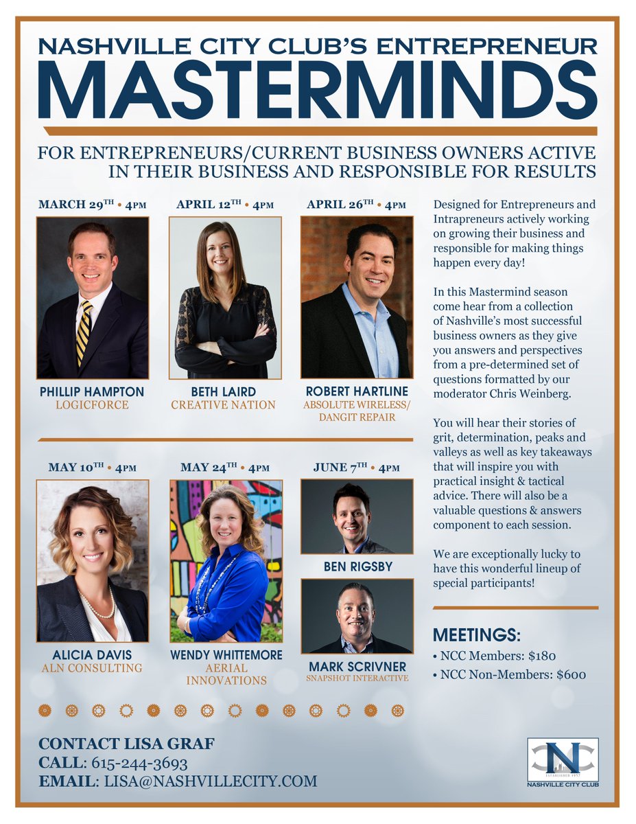 NashvilleCity's tweet photo. Excellent round table discussion with @MarkScrivner and Ben Rigsby of @SnapShot_Nash in the last class of this Masterminds Series! Upcoming Masterminds Series dates will be announced soon! Interested in joining NCC? 615.244.3693 or email contactus@nashvillecity.com https://t.co/ZyyDTqKGr7