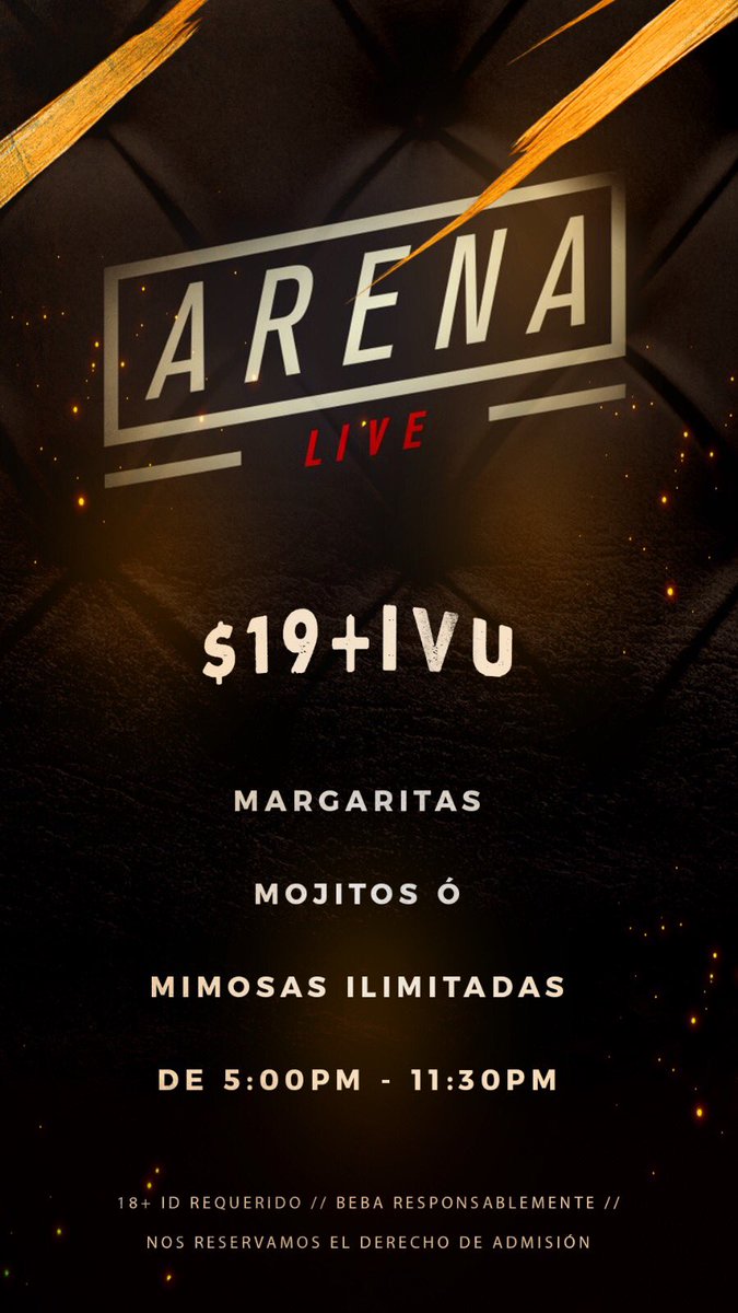 directorsito's tweet photo. ¡Llégale el martes a Arena Live y paga solo $19+ivu y bebes mojitos, margatiras y mimosas ILIMITADAS de 5:00pm a 11:30pm! 🍹🍸🥂

¿QUIÉN DICE YO? ¡No te lo quieres perder!

🍻Happy Hour 
después del open bar🍻

(Frente al Choliseo, 
antiguo Downtown) https://t.co/rBvwkDVnG3