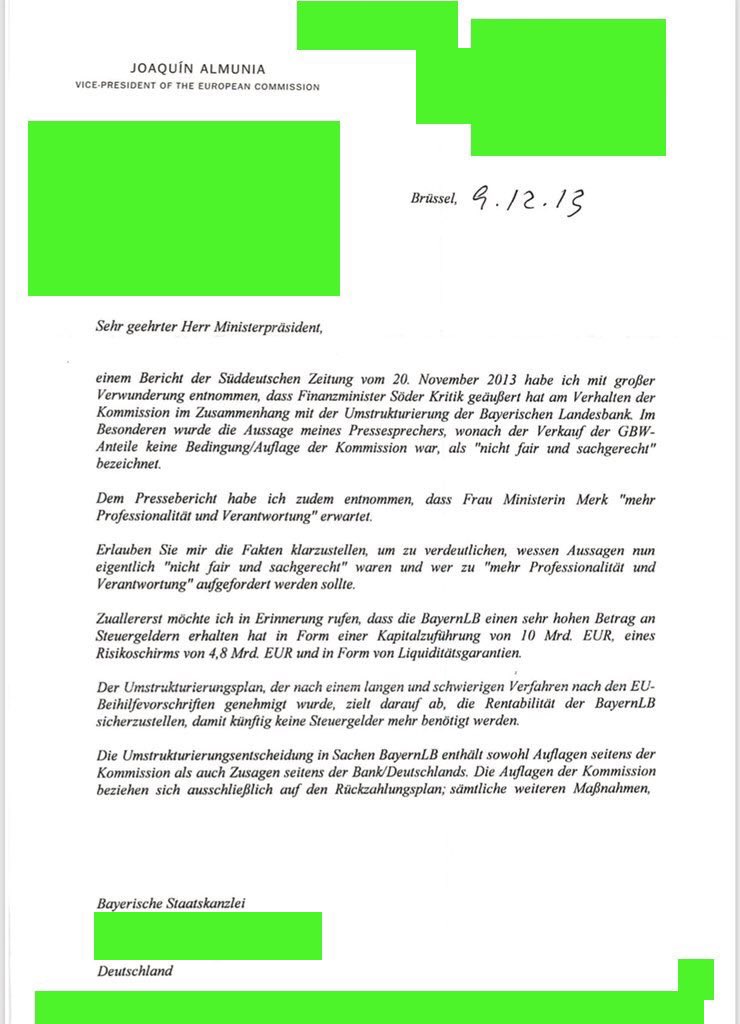 watch_union's tweet photo. #GBW-Untersuchungsausschuss:
Entgegen der Darstellungen von #CSU und @Markus_Soeder hat die EU-Kommission nicht den Kauf der GBW-Wohnungen verboten. Der vielfach kritisierte @SZ-Artikel ist korrekt. 
Hier der Brief von Ex-Vizepräsident #Amunia an den damaligen MP Seehofer. /TN https://t.co/h6UkJN2E30
